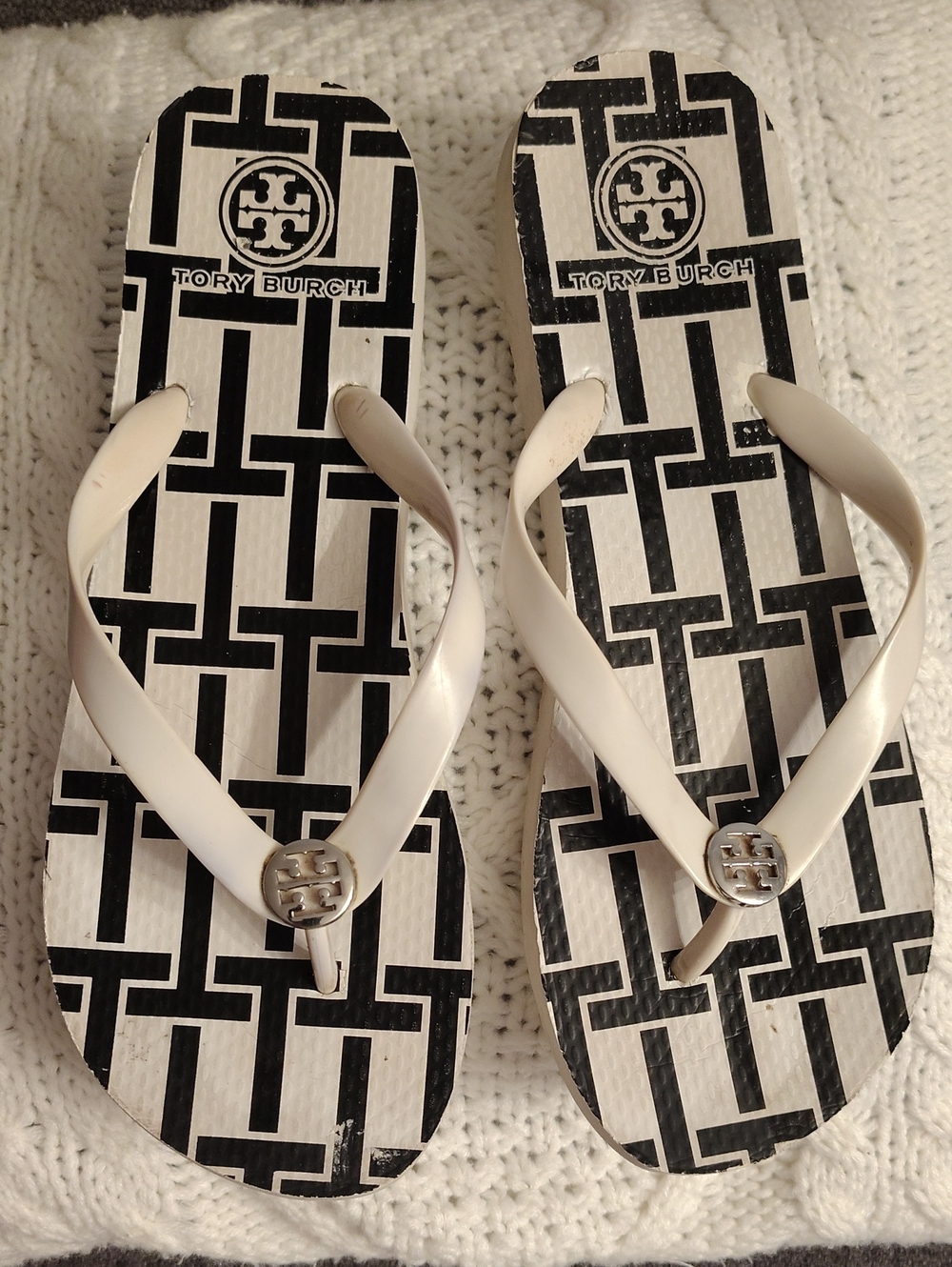 Used Tory Burch Black & White Logo Pattern Flip Flop Sandals